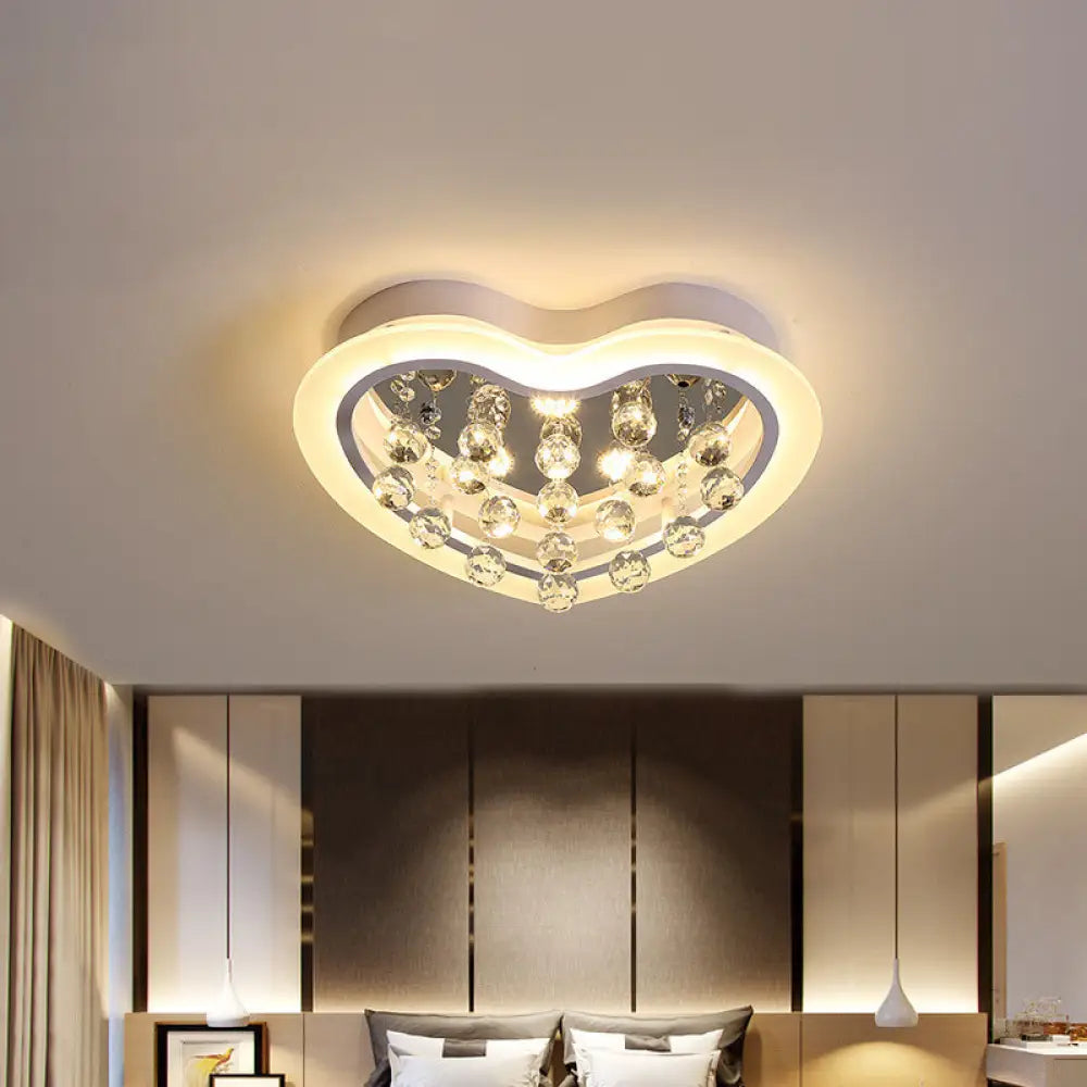 Minimalist Led Heart Ceiling Light In White With Crystal Orb - 16’/19.5’ Acrylic Flush Fixture