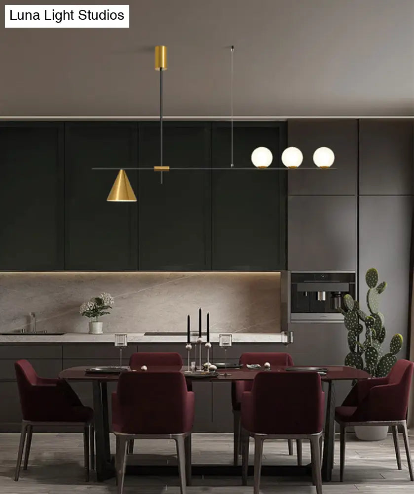 Minimalist Modern Linear Chandelier With Spherical White Glass Ceiling Light Fixture