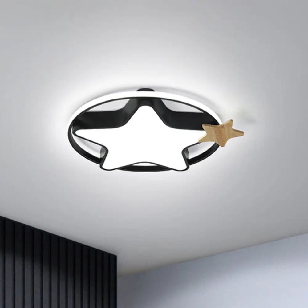 Minimalist Pentagram Led Flushmount Ceiling Lamp For Kids Bedroom In Black/Grey And Wood Black