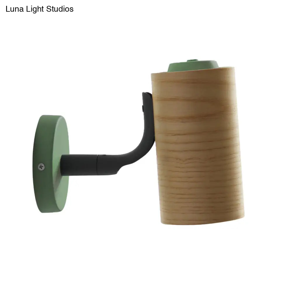 Minimalist Wood Wall Sconce Light For Bathroom - Cylindrical Design With 1 And Yellow/Blue/Green