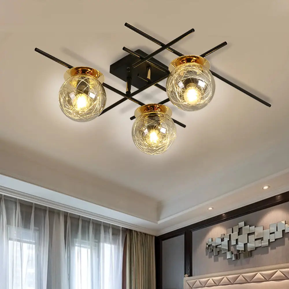 Minimalistic 3 - Head Semi - Flush Ceiling Light With Clear/Smoke Gray Glass For Bedroom Smoke