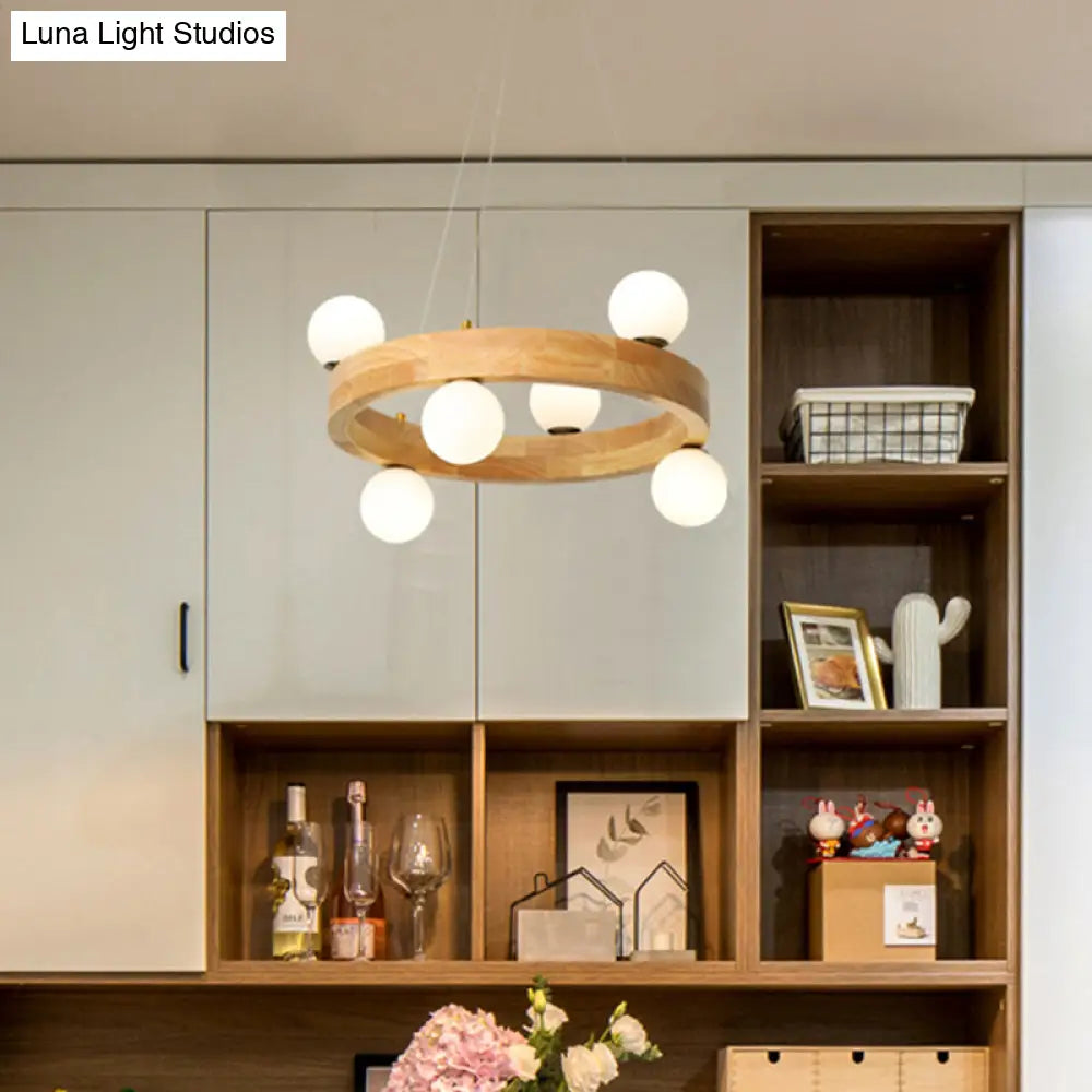 Minimalistic Wooden Led Chandelier With Opal Glass Shade