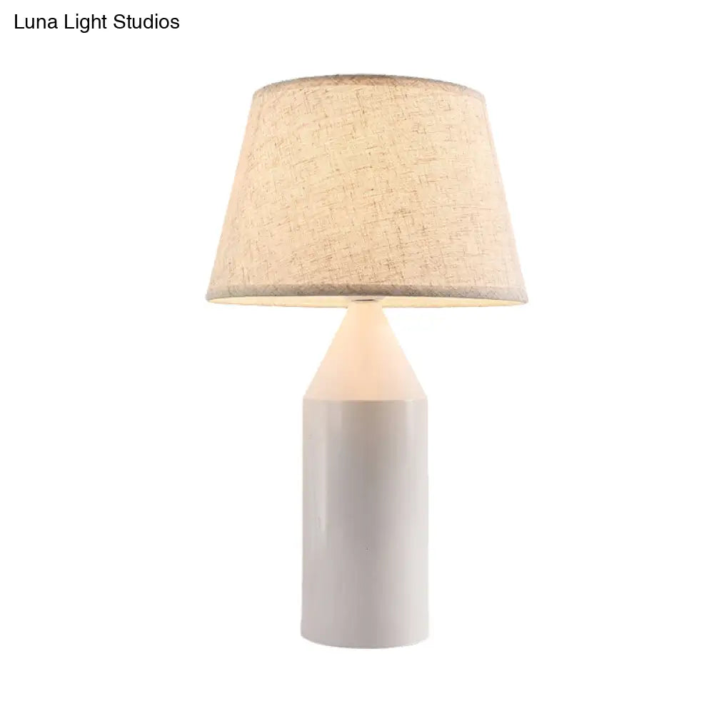 Modern 1-Head White Fabric Reading Lamp For Bedroom - Pencil Metallic Night Table Light
