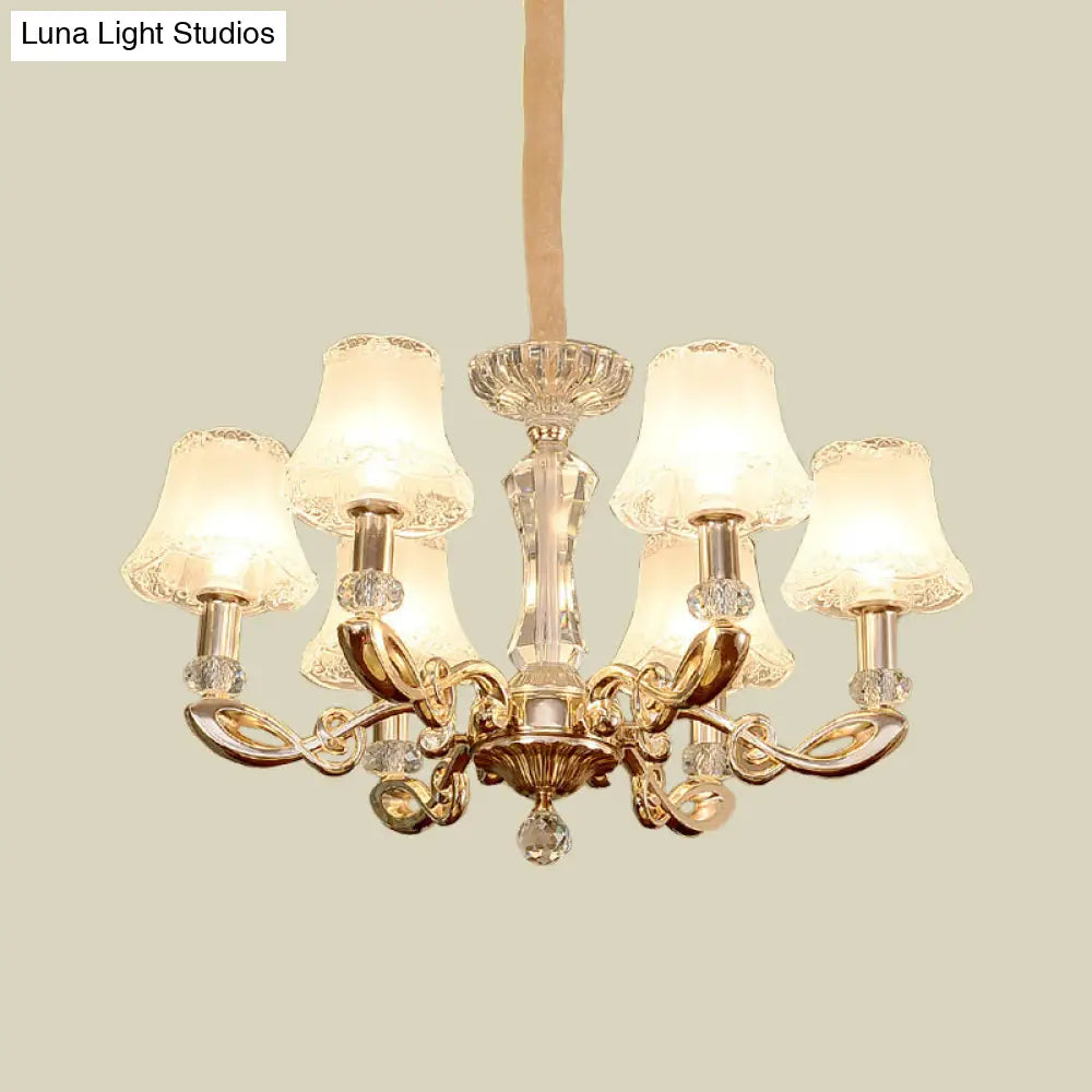 Modern 6-Head Gold Dining Room Chandelier With Crystal Accents - Milky Glass Bell Suspension Lamp