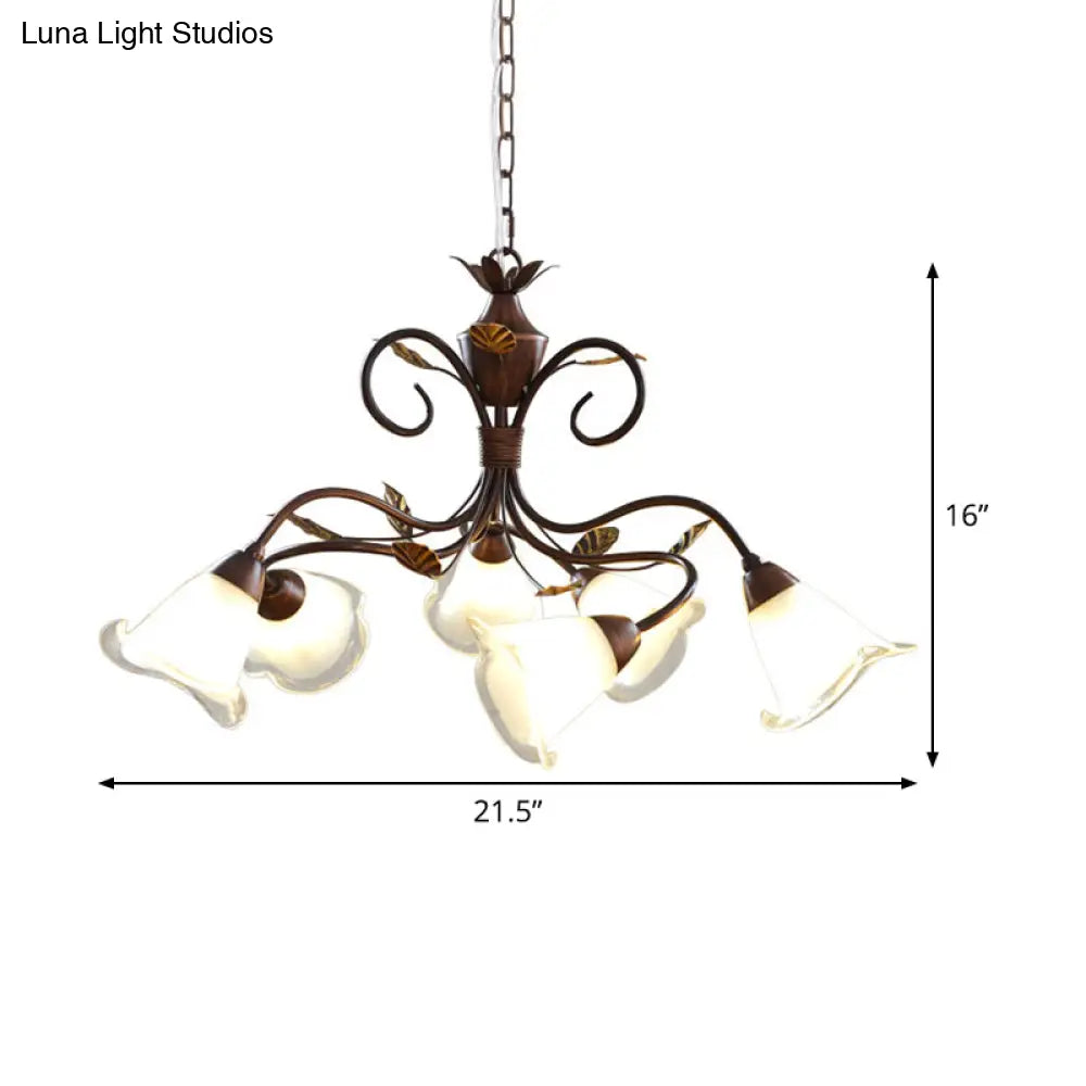 Modern 6-Light Bedroom Chandelier: Red Brown Pendant Light With Frosted Flower Glass Shade
