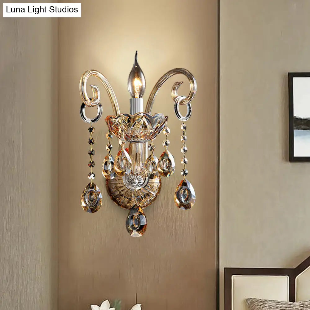 Modern Amber Glass Candle Sconce Wall Light With Crystal Drip Accent - 1/2 Heads Bedroom Fixture