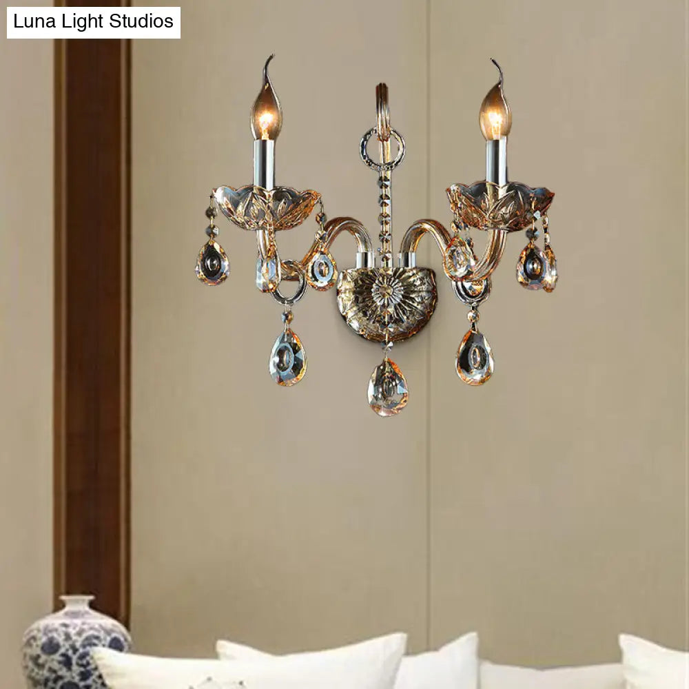 Modern Amber Glass Candle Sconce Wall Light With Crystal Drip Accent - 1/2 Heads Bedroom Fixture