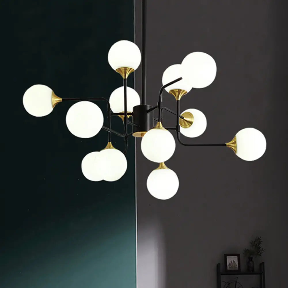 Modern Black And Gold Branch Hanging Lamp With Milky Ball Glass Chandelier Light Fixture -