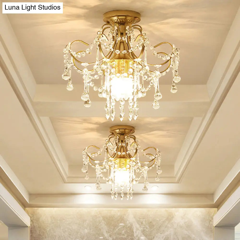 Modern Brass Semi Flush Mount Ceiling Light With Crystal Accent - Curve Arm Design 1/3 Lights