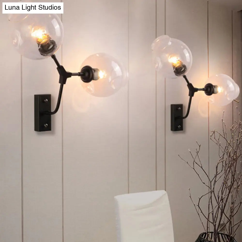 Modern Clear Glass 2-Light Bubble Shade Bedroom Wall Sconce Lamp In Black