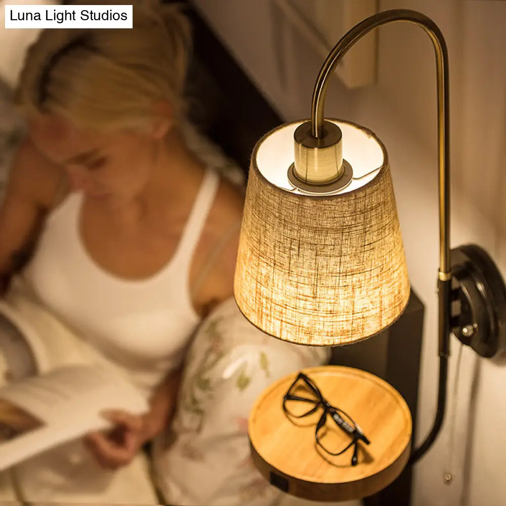 Modern Conical Fabric Wall Mount Lamp With Usb Port And Wood Rack