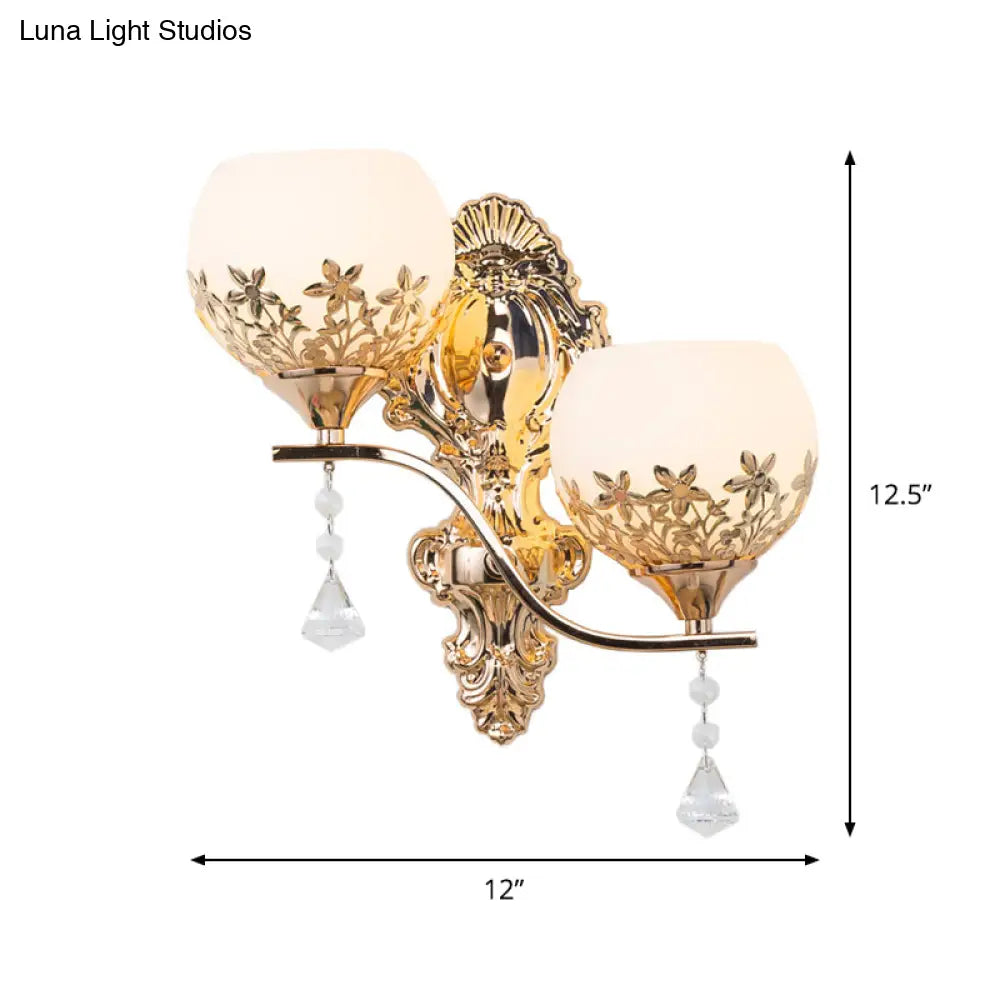 Modern Gold Wall Mounted Sconce Light Fixture With Crystal Shade - 2 Heads Bowl Design