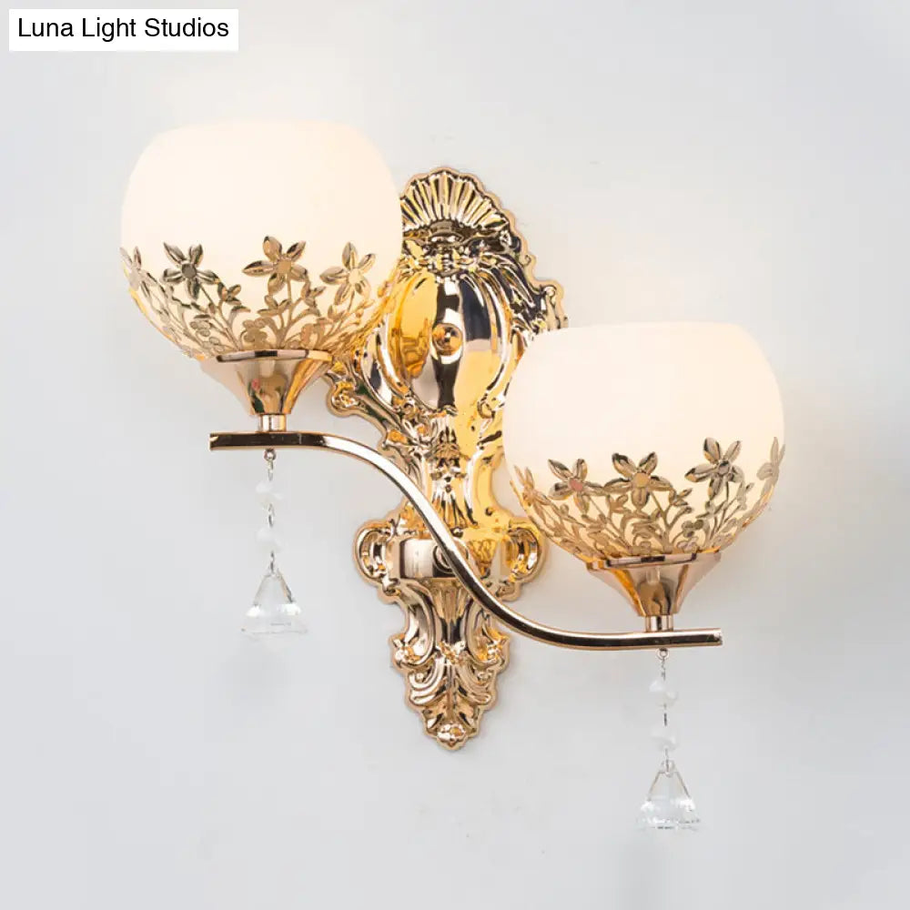 Modern Gold Wall Mounted Sconce Light Fixture With Crystal Shade - 2 Heads Bowl Design