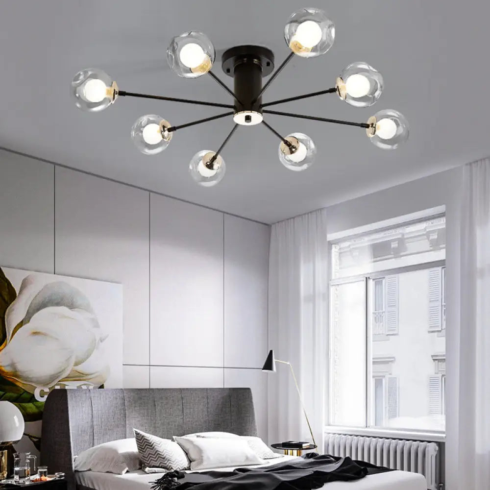 Modern Iron Sputnik Ceiling Lamp With Clear Glass Shades - Black/White 8/10 Lights 8 / Black