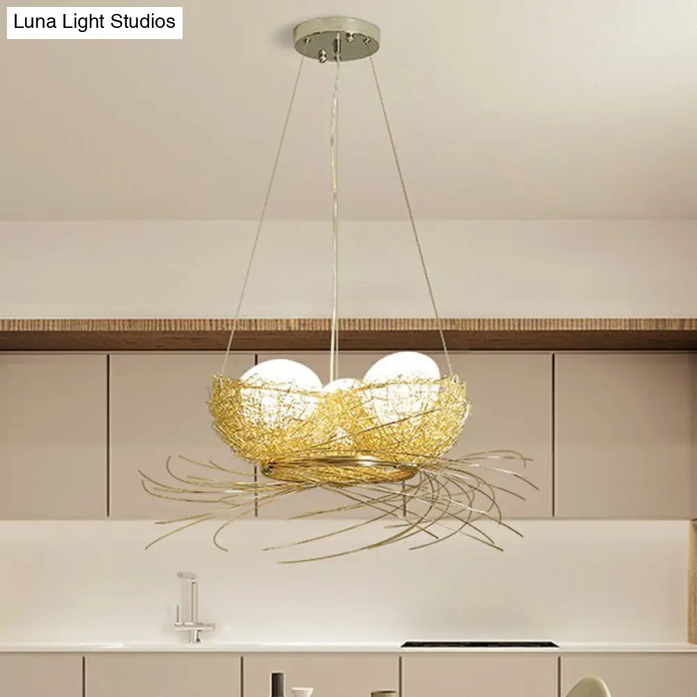 Modern Nest Pendant Light In Beige Aluminum - 3 Heads Chandelier Fixture For Dining Room