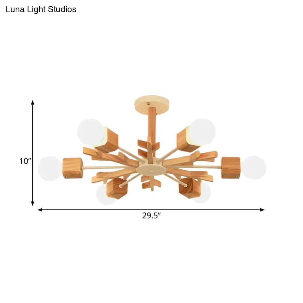 Modern Nordic Starburst Ceiling Mount Chandelier - Semi Flush & Light Wood Finish Exposed Bulb
