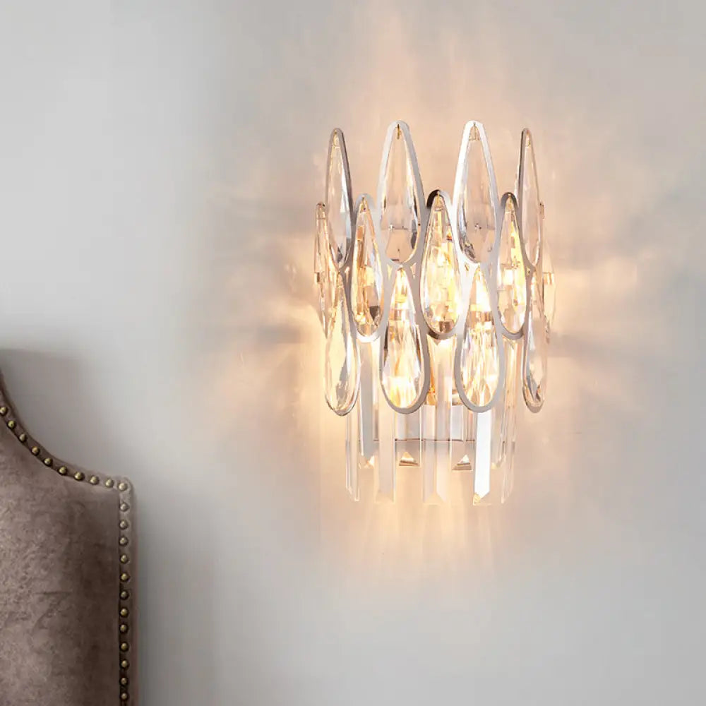 Modern Silver Double-Layered Wall Sconce With Clear Crystal Accents - 2 Lights