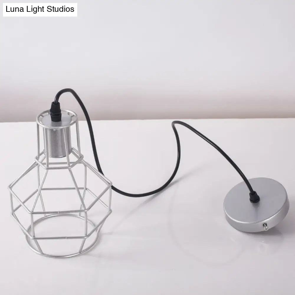 Modern Silver/Gold Metal Ceiling Fixture With Cage Shade - Stylish Loft Hanging Lamp For Coffee