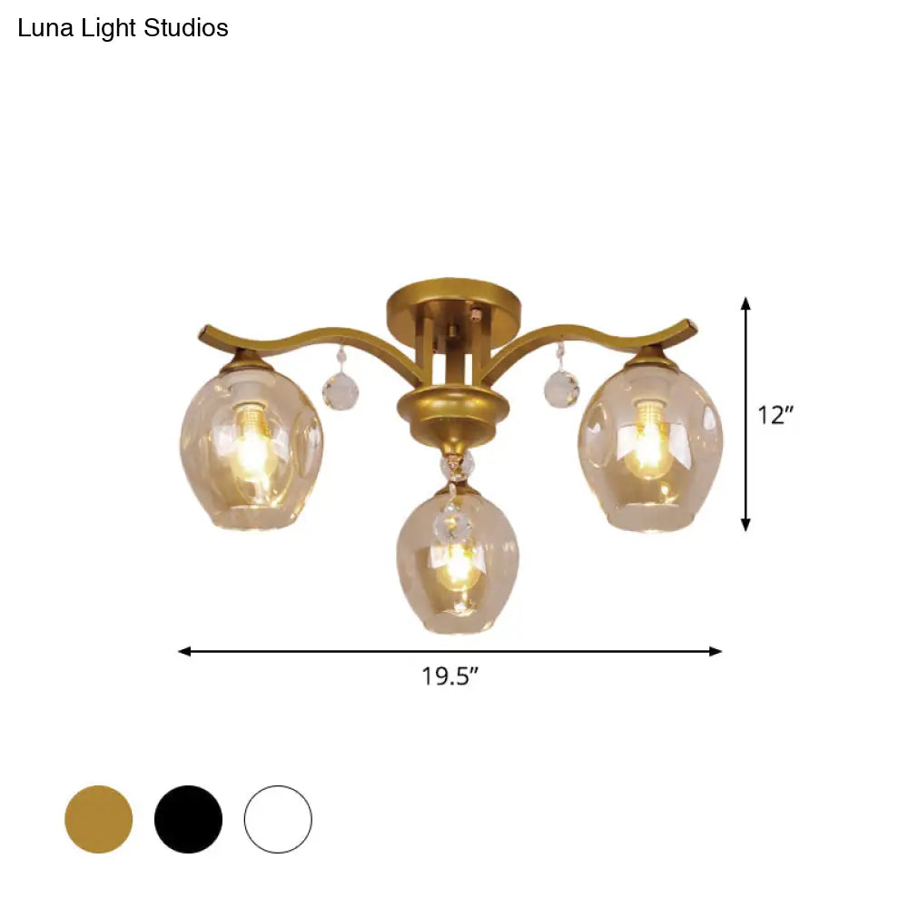 Modern Smoke Glass Bud Semi Ceiling Mount Light For Restaurants & Hotels - 3 - Light Crystal Lamp
