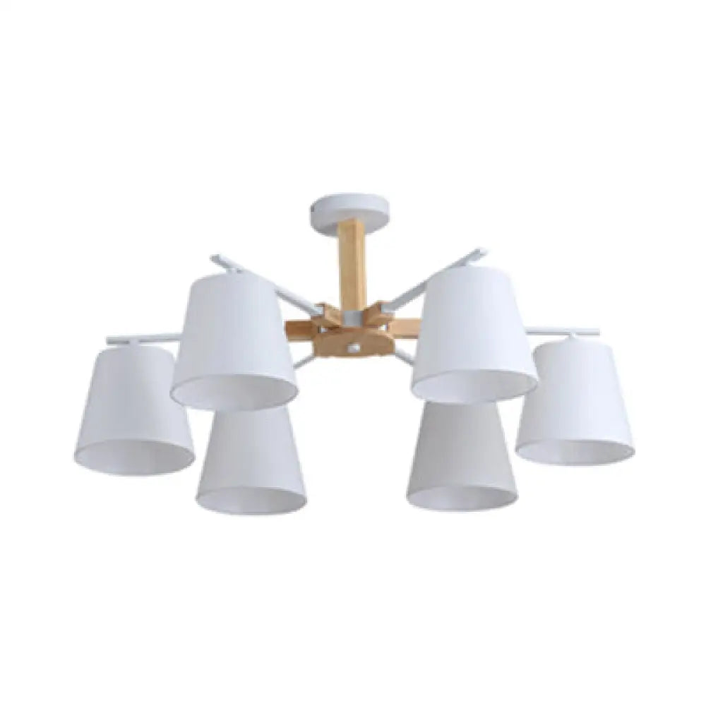 Modern Wood Ceiling Pendant With Tapered Fabric Shade - Available 3/6 Heads For Living Room