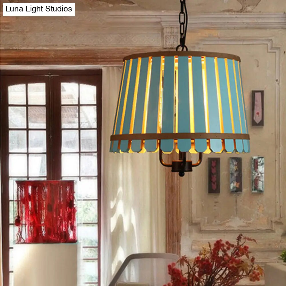 Modern Wooden Chandelier Light Fixture - 12.5/16.5 Wide Slatted Design 3 Lights Blue/Green/Wood