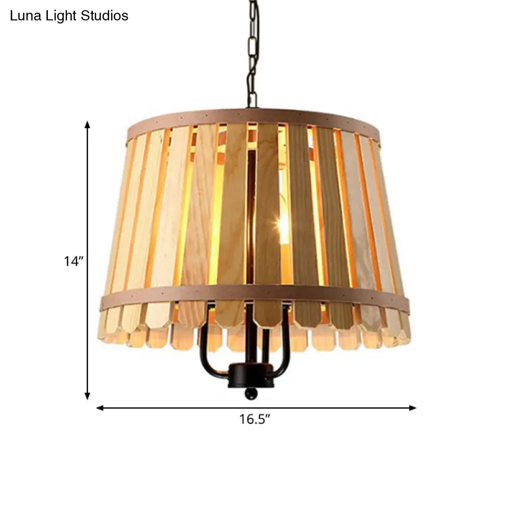 Modern Wooden Chandelier Light Fixture - 12.5/16.5 Wide Slatted Design 3 Lights Blue/Green/Wood