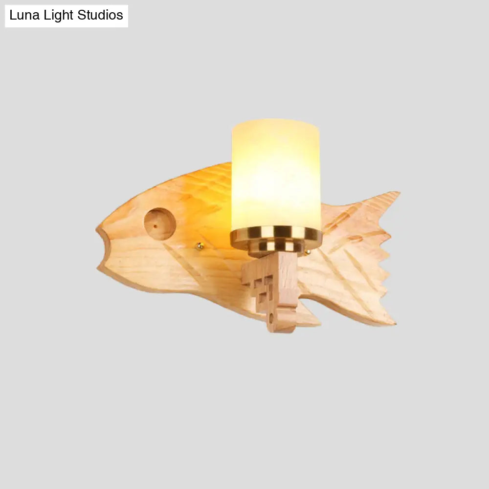 Modernist Cracked Glass Cylinder Wall Mount Sconce Lamp - 1 Light Bedroom Lighting With Fish Wood