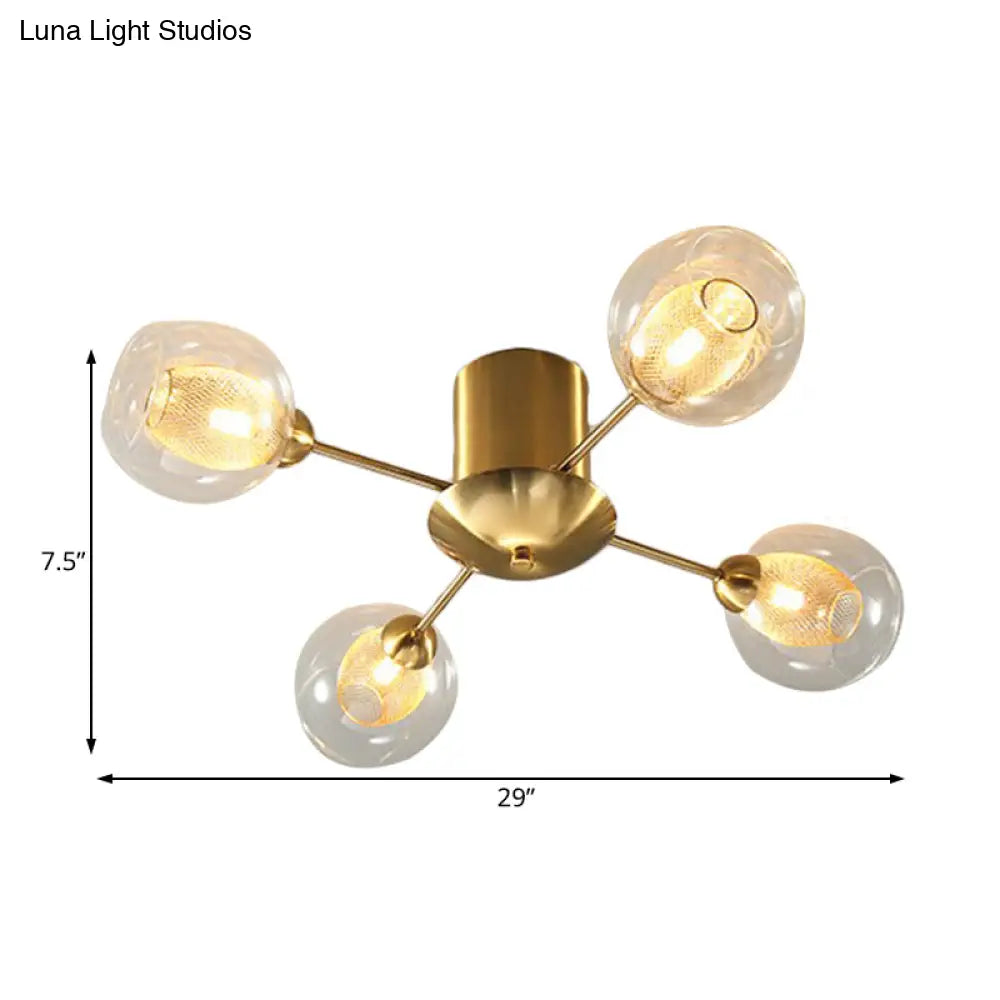 Modernist Gold Led Semi Flush Mount Ceiling Lamp With Clear Ribbed Glass Shade - 4/6 Lights