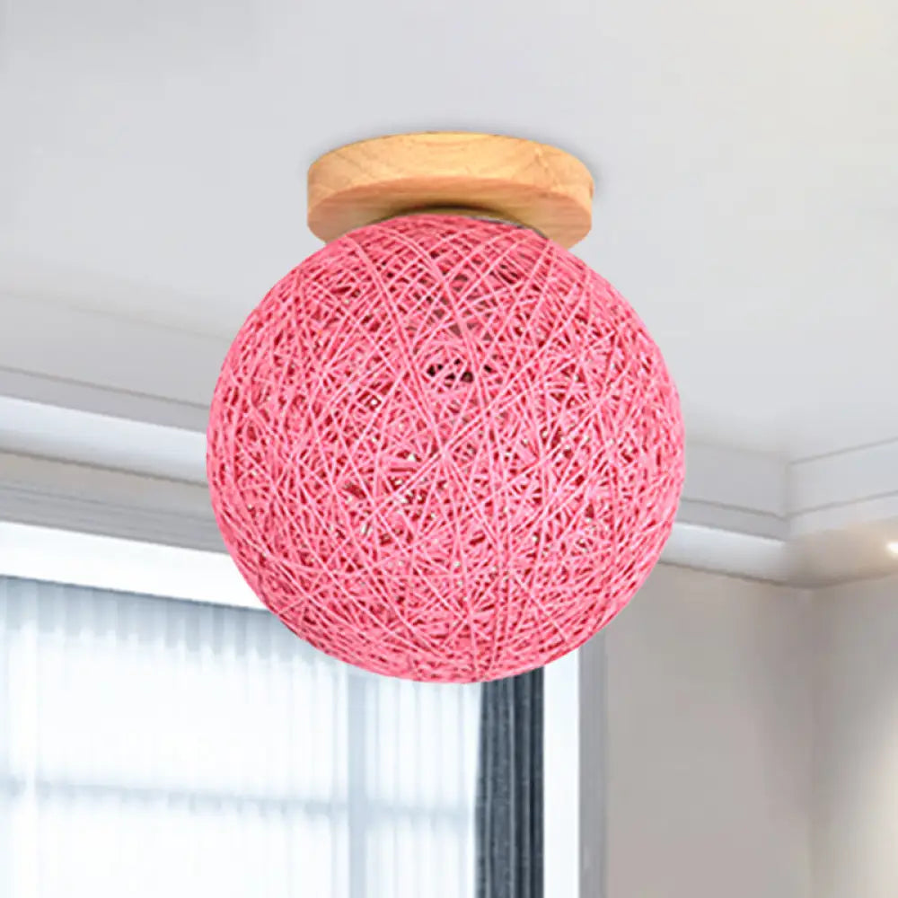 Modernist Rattan Ceiling Mount Light: Blue/Flaxen Globe Shade 6’/8’ Wide 1 Bulb Flush Lighting