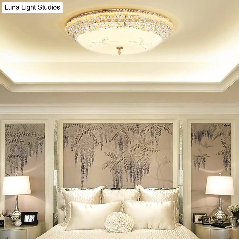 Modernist White Glass And Clear Crystal Led Flush Pendant Light For Bedroom - 12’/16’ Diameter