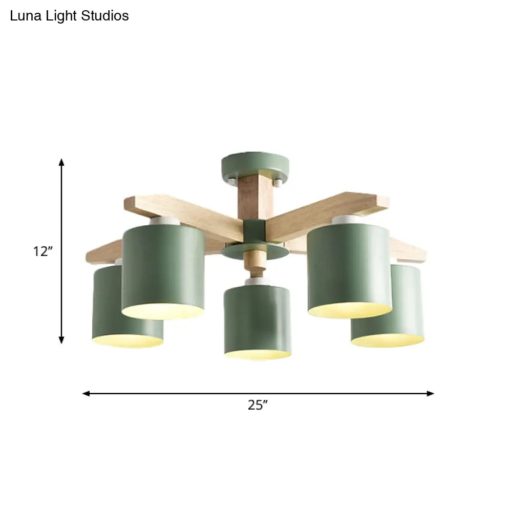 Nordic 6-Head Metal Ceiling Chandelier With Wood Arm In White/Green/Grey