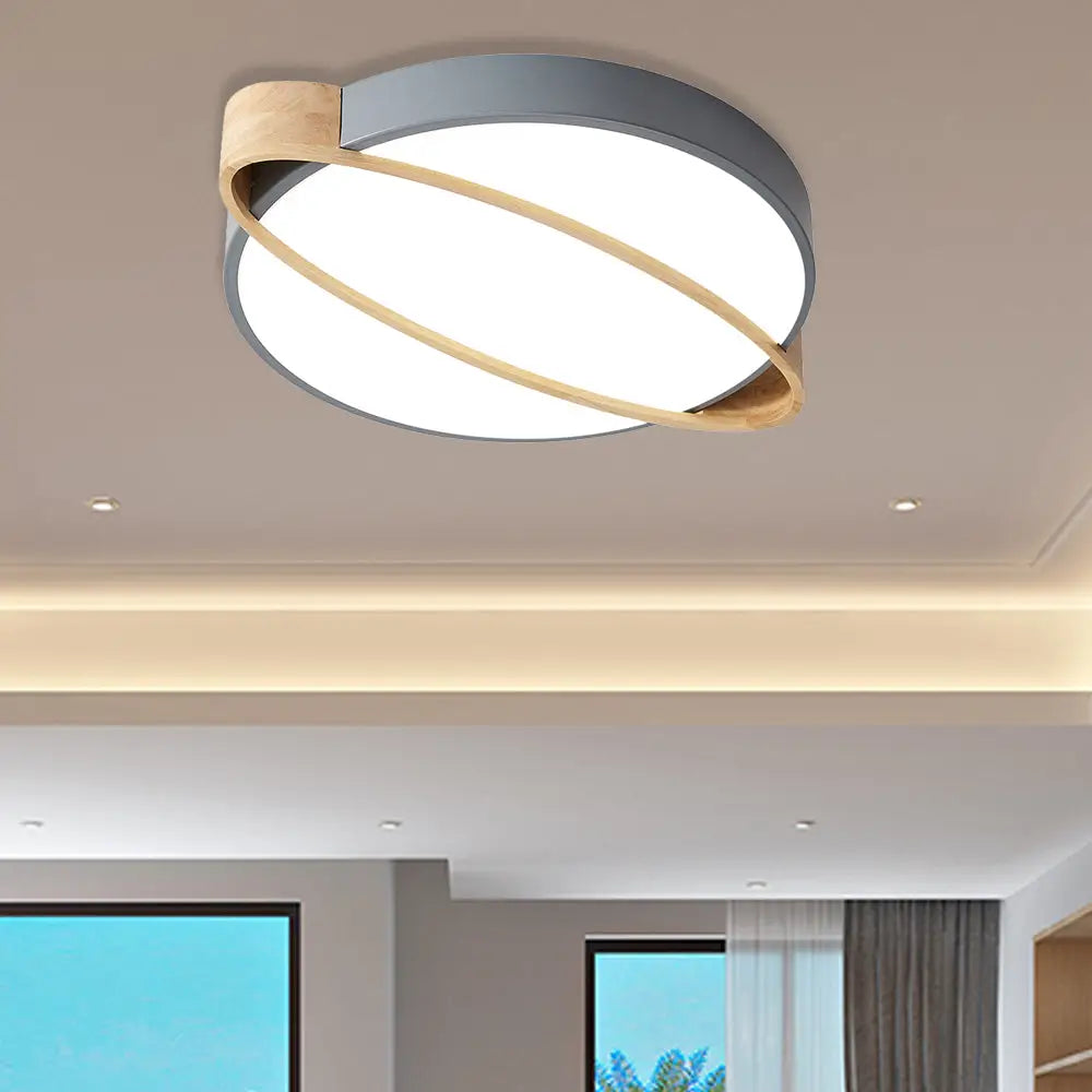 Nordic Acrylic Ceiling Mount Lamp With Led Flushmount Lighting In White/Green/Grey Oval Wood Insert