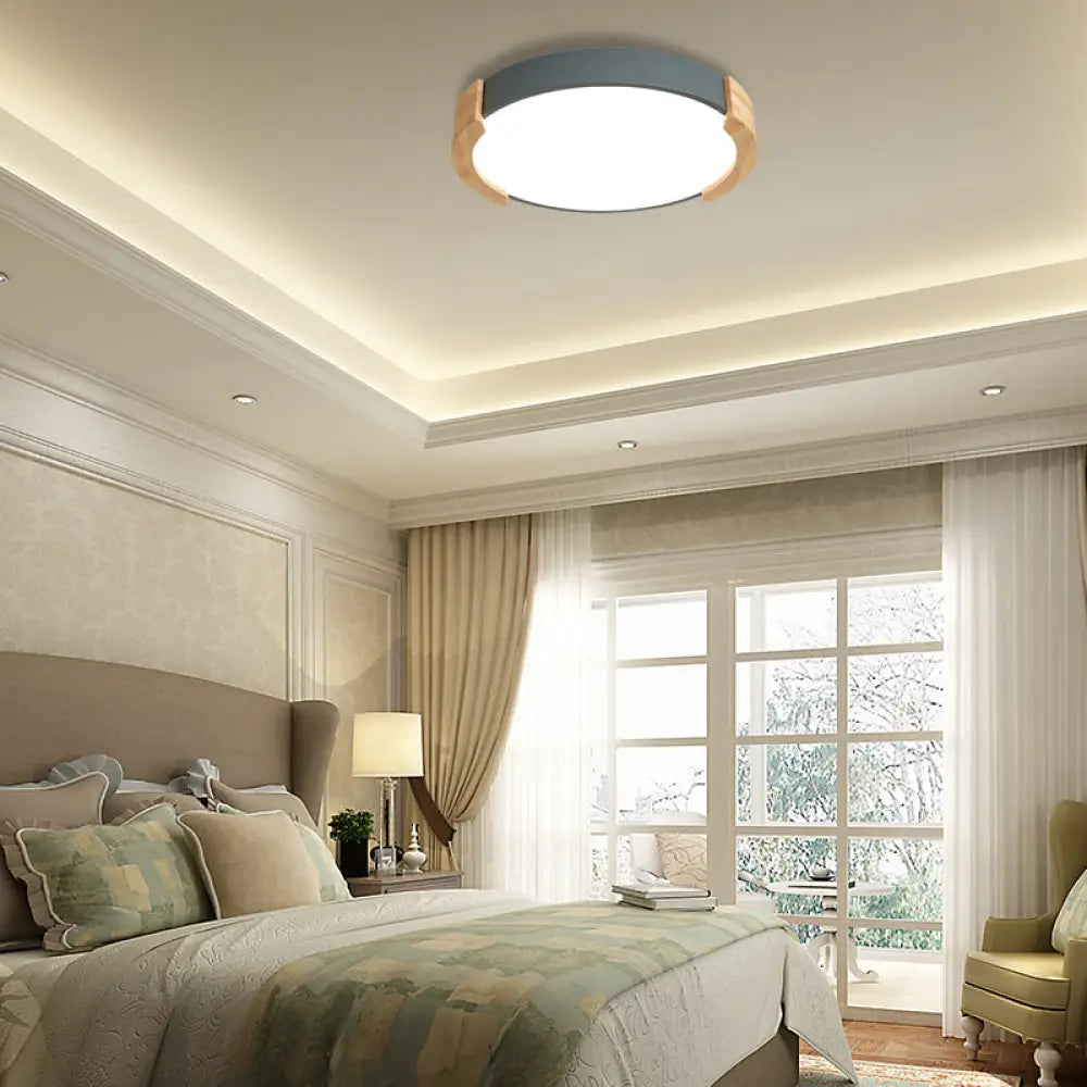 Nordic Grey/White/Green Round Flush Light With Wood Side Guard - Ceiling Mounted Fixture For