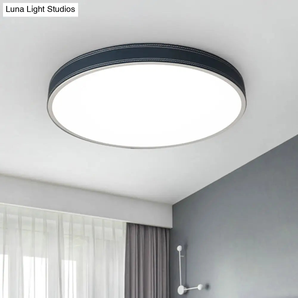 Nordic Led Disk Ceiling Light – Red/Blue/Green Leather Flush Mount For Bedroom Warm/White