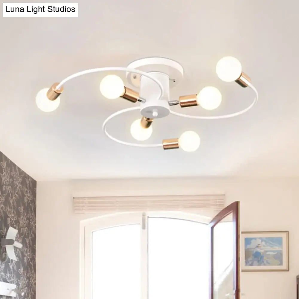 Nordic Metal Gold/Black Swirl Semi Flush Mount Ceiling Light - 6 Lights For Living Room