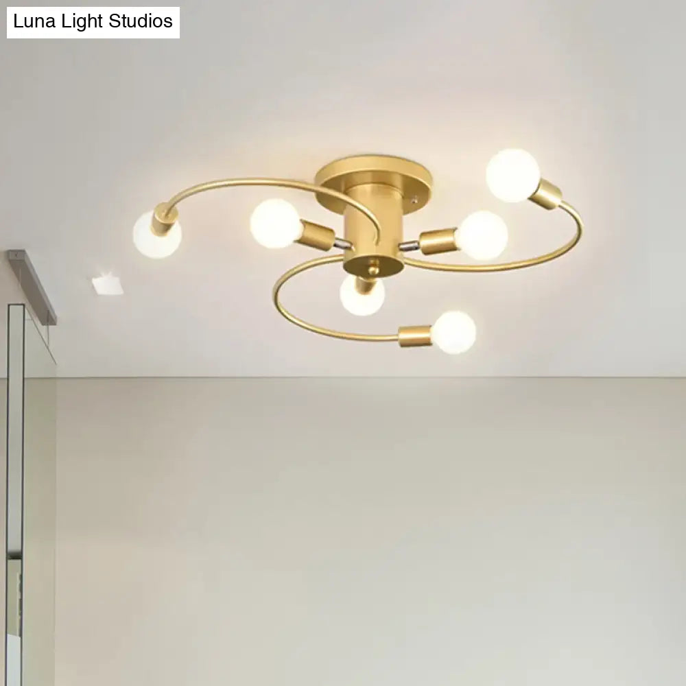 Nordic Metal Gold/Black Swirl Semi Flush Mount Ceiling Light - 6 Lights For Living Room