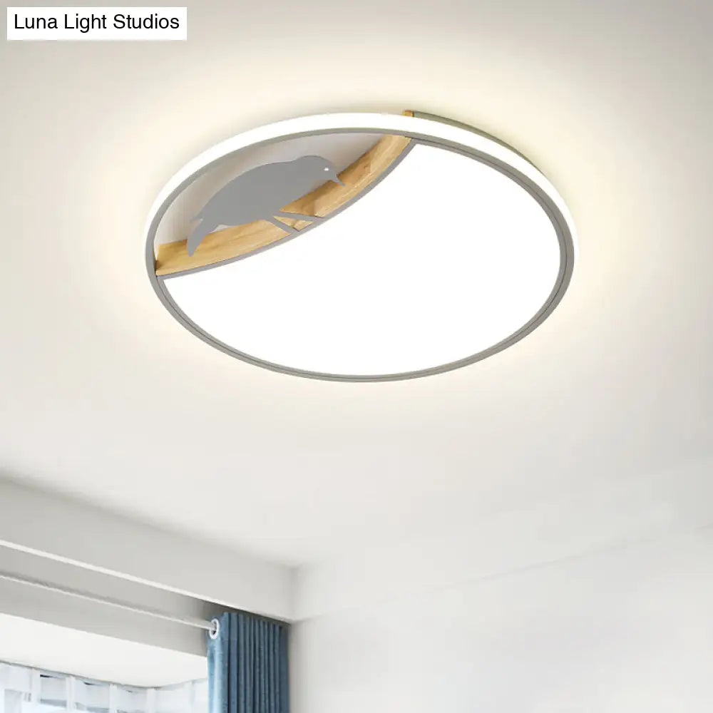 Nordic Round Led Flush Mount With Bird Deco - White/Grey/Green Acrylic Fixture