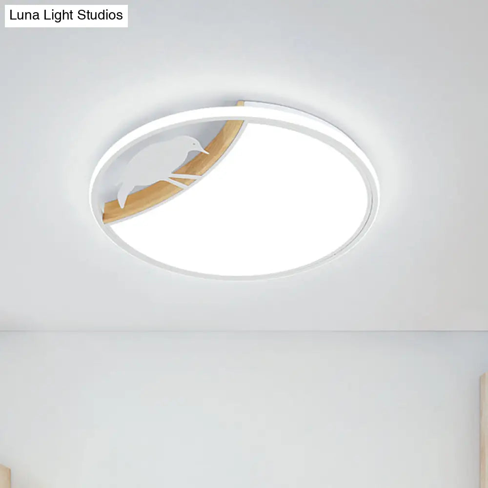 Nordic Round Led Flush Mount With Bird Deco - White/Grey/Green Acrylic Fixture