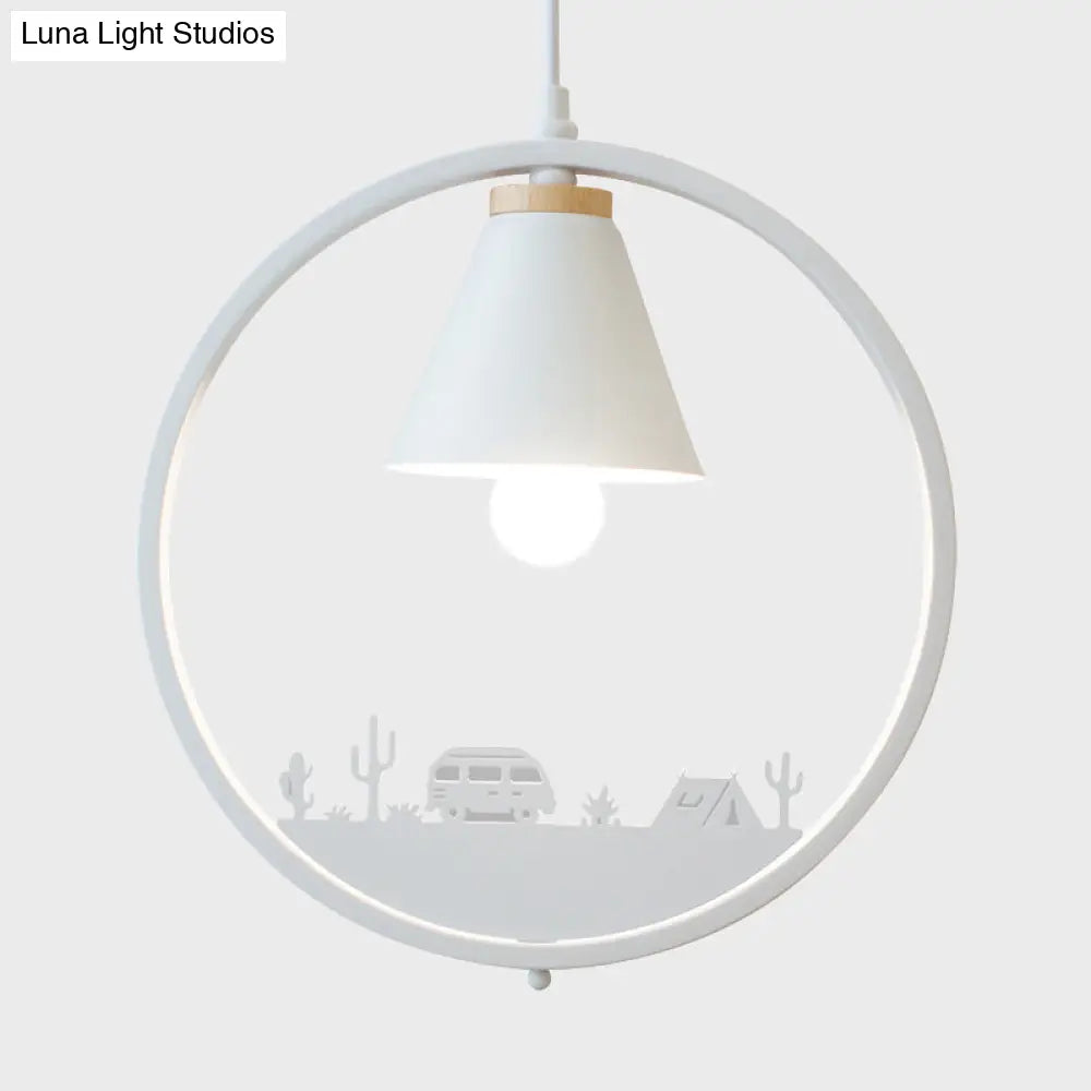 Nordic Style Pendant Lamp With Iron Cone Shade & Paper Cutting Decoration- Black/White 1 Bulb