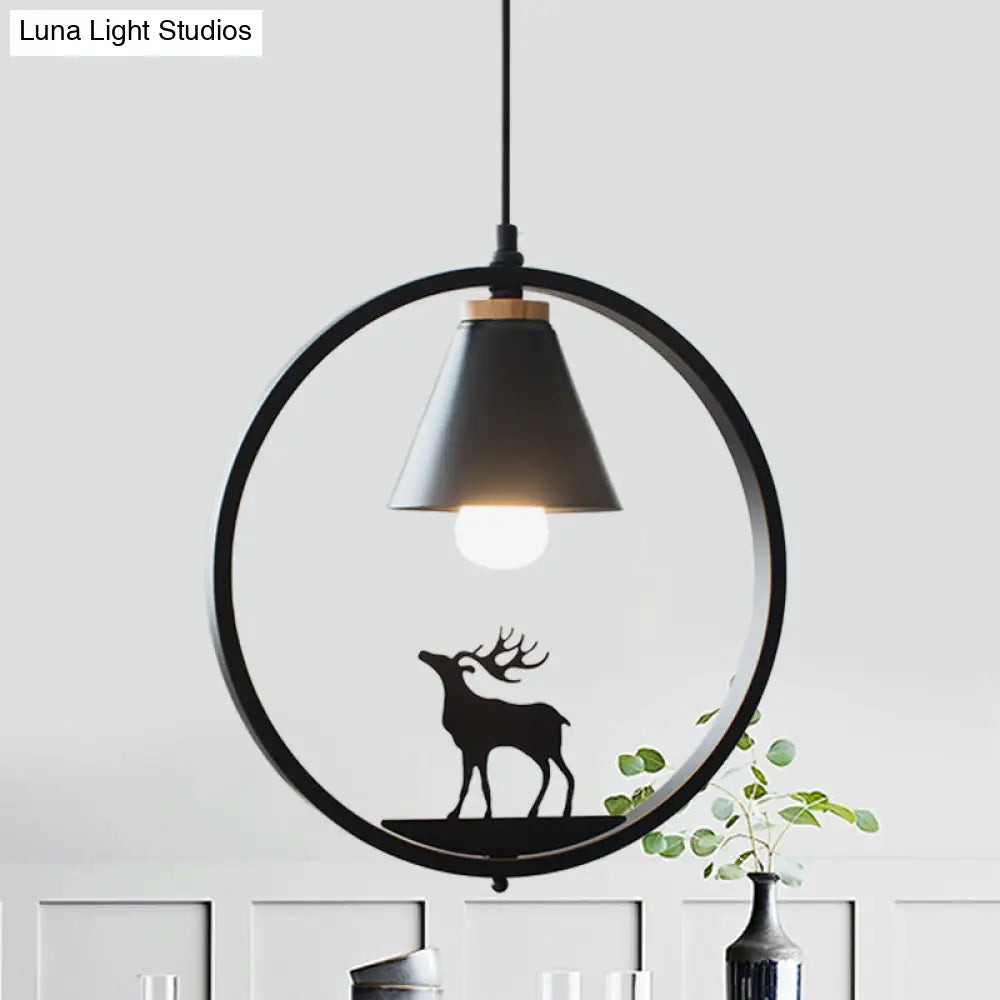 Nordic Style Pendant Lamp With Iron Cone Shade & Paper Cutting Decoration- Black/White 1 Bulb