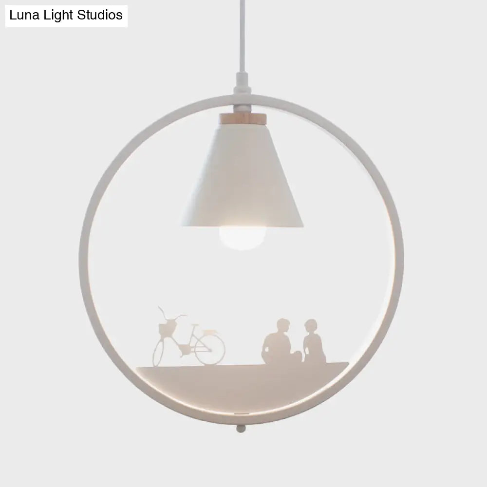 Nordic Style Pendant Lamp With Iron Cone Shade & Paper Cutting Decoration- Black/White 1 Bulb