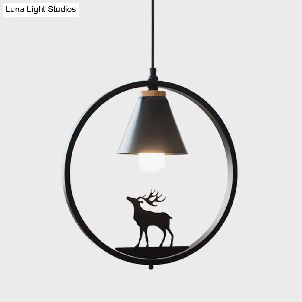 Nordic Style Pendant Lamp With Iron Cone Shade & Paper Cutting Decoration- Black/White 1 Bulb