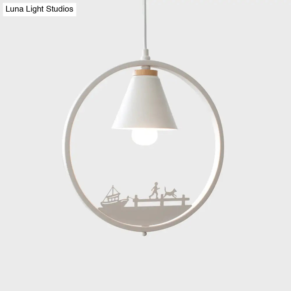 Nordic Style Pendant Lamp With Iron Cone Shade & Paper Cutting Decoration- Black/White 1 Bulb