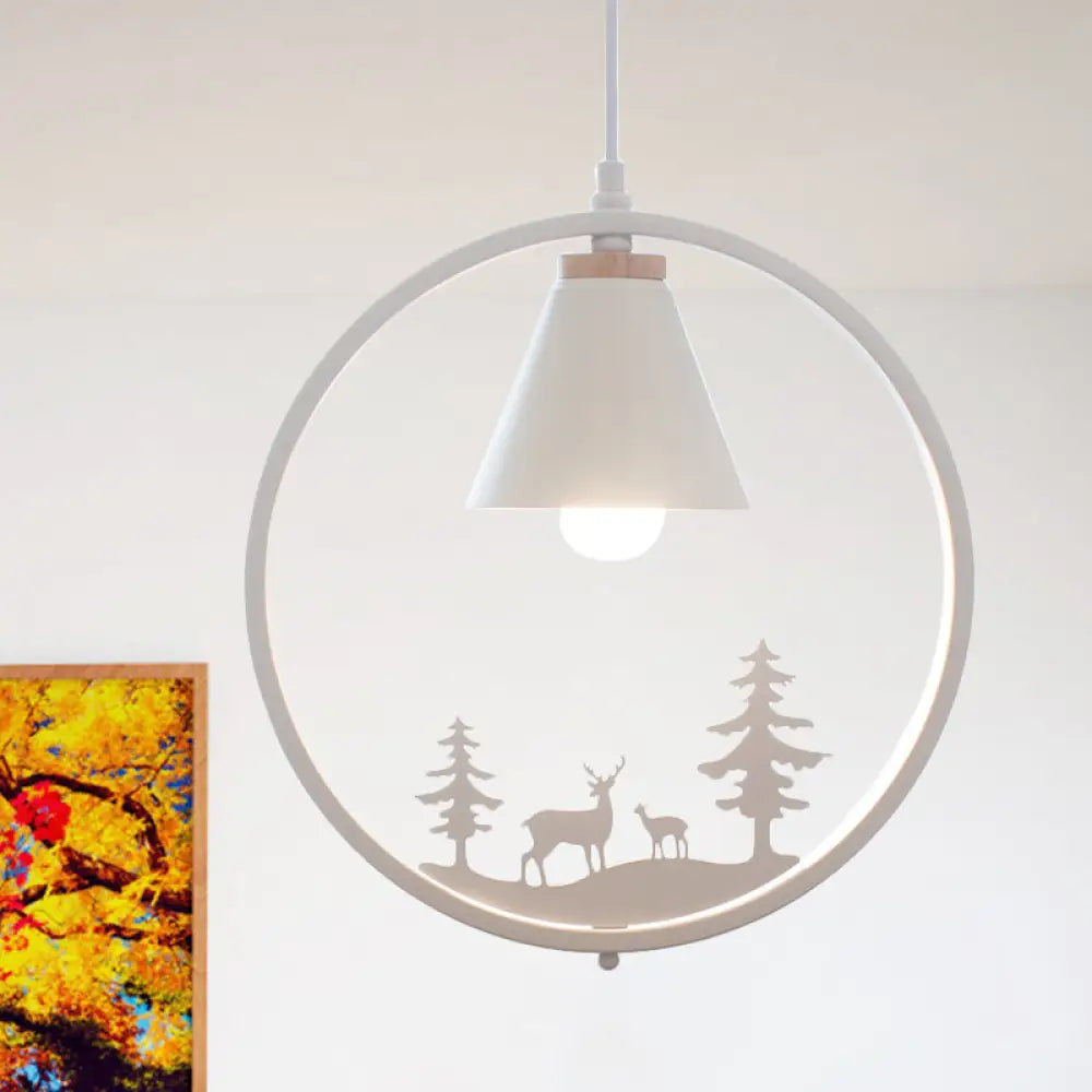Nordic Style Pendant Lamp With Iron Cone Shade & Paper Cutting Decoration- Black/White 1 Bulb White
