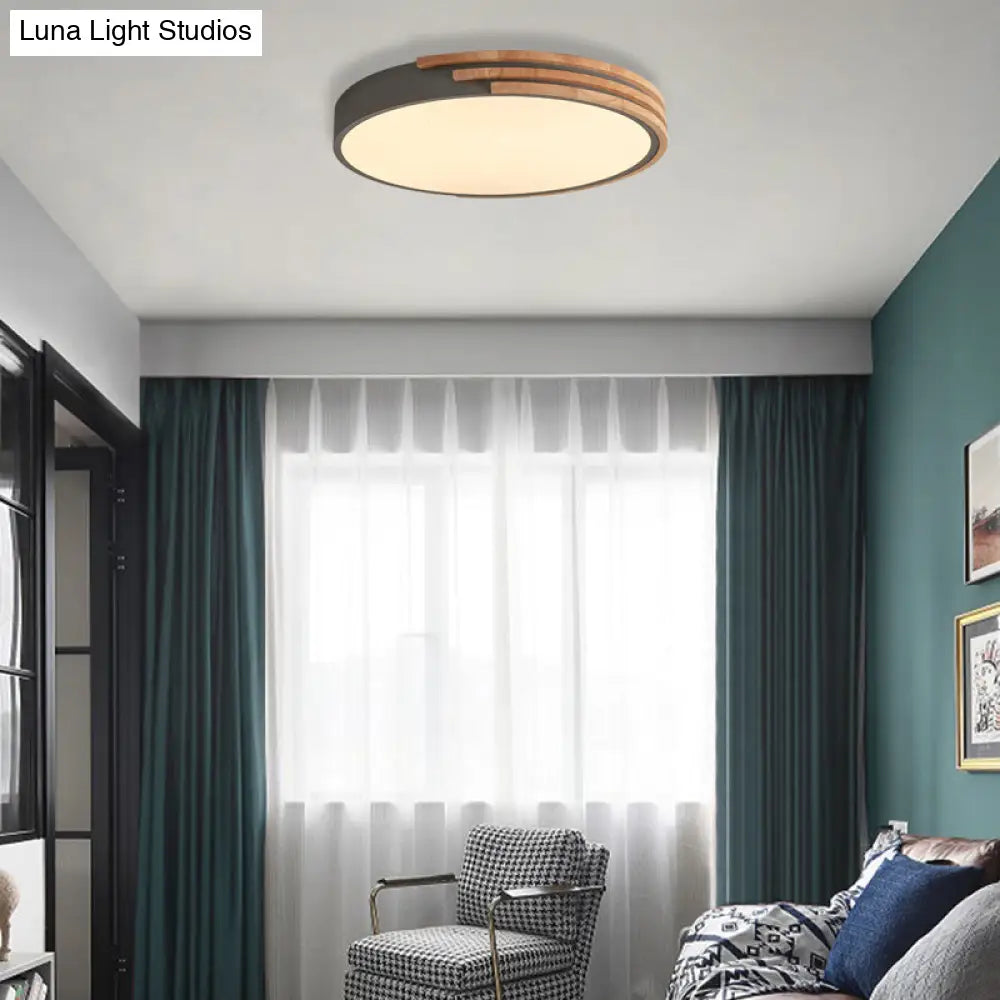 Nordic Style Round Flush Mount Ceiling Light - Wood & Acrylic Fixture In Grey/White/Green 16’ Width