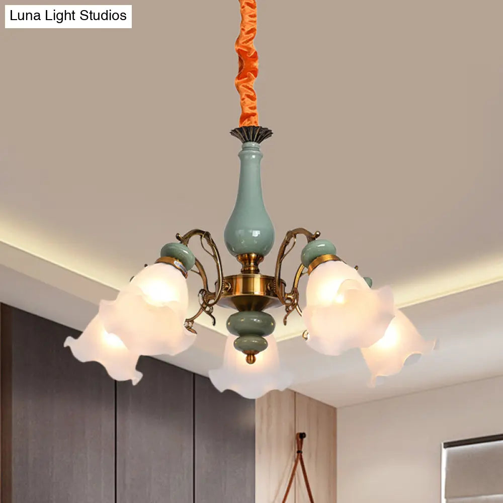 Opal Glass Ceiling Chandelier With Flower Design - Traditional 3/5 Heads Light Blue/Pewter