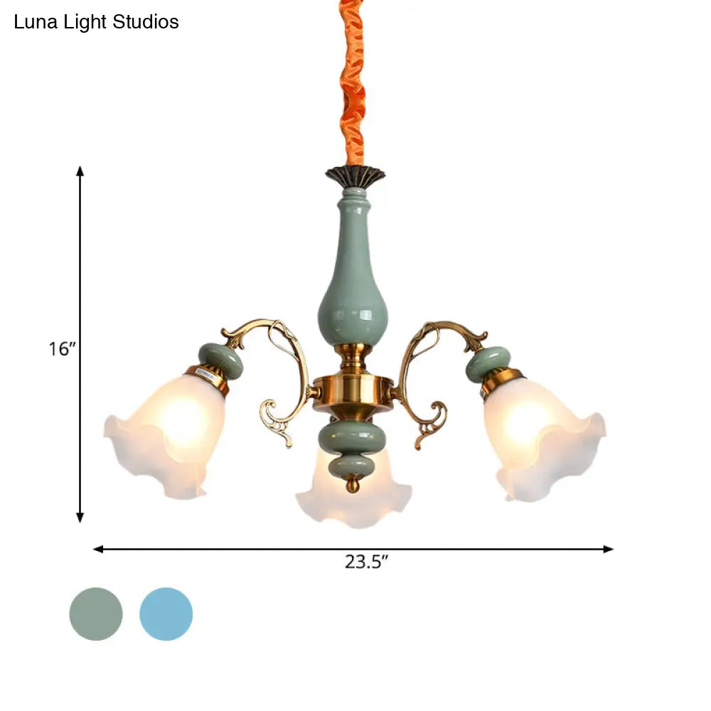 Opal Glass Ceiling Chandelier With Flower Design - Traditional 3/5 Heads Light Blue/Pewter