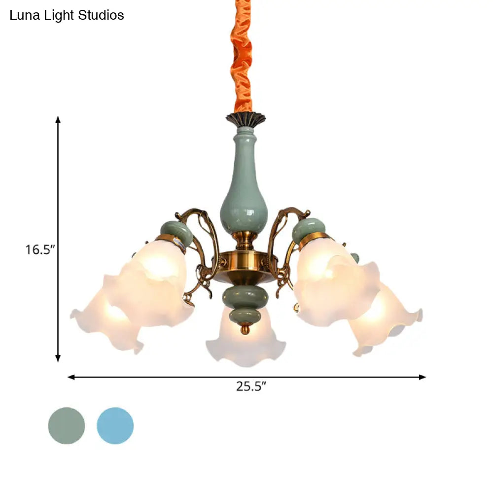 Opal Glass Ceiling Chandelier With Flower Design - Traditional 3/5 Heads Light Blue/Pewter
