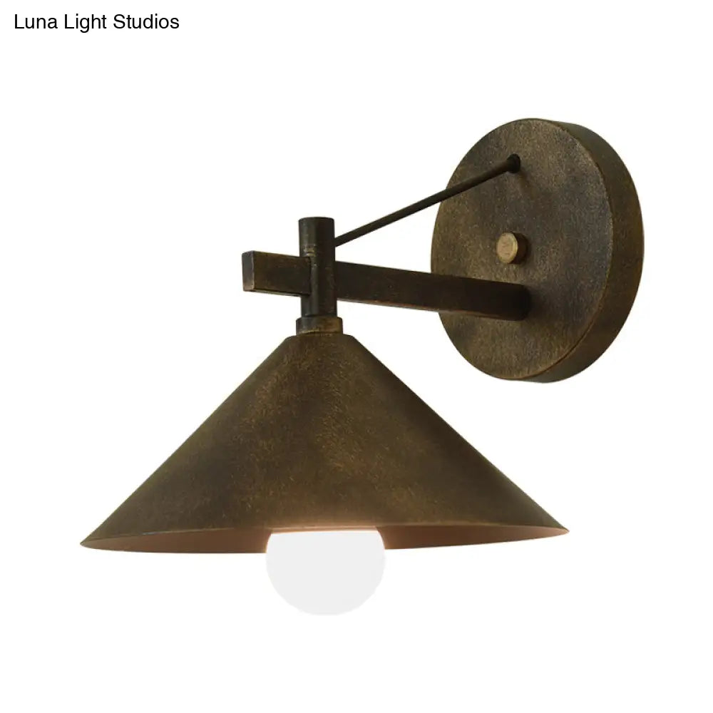 Outdoor Metal Cone Wall Hanging Light: Vintage 1-Light Sconce Fixture In Black/Antique Brass/Silver