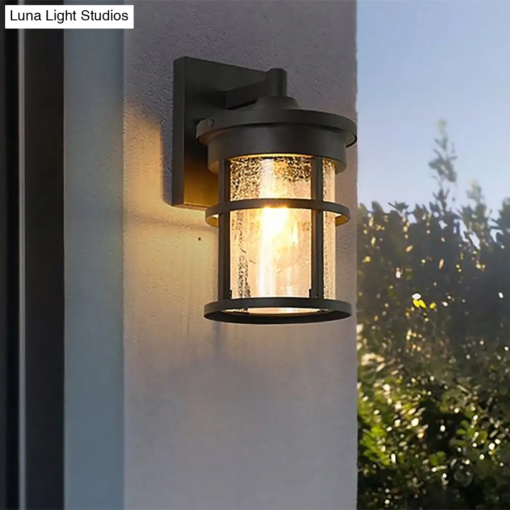 Outdoor Vintage Crackle Glass Cylinder Wall Sconce Lamp - 1 Light Black Fixture 6/8 Wide